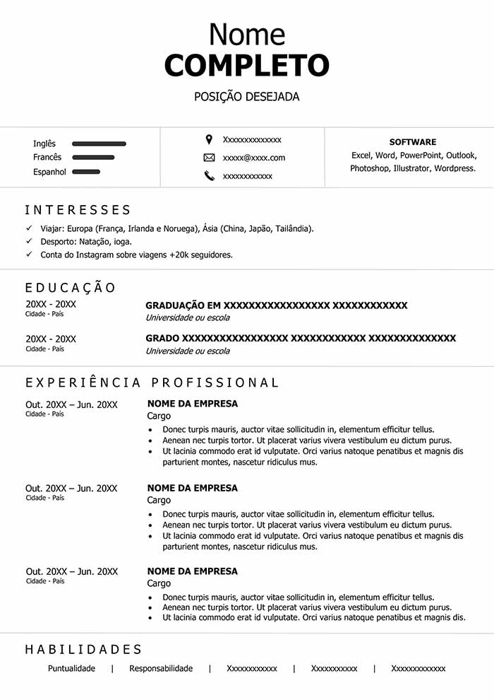 Modelo de Curriculum Vitae profissional minimalista em Word para download gratuito e edição fácil.